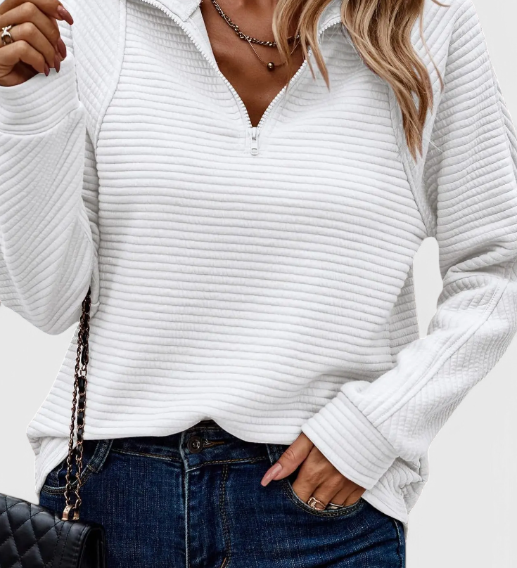 Helene Jersey de Cuello en V con Cremallera y Manga Larga