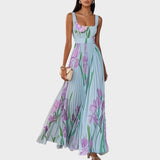 Luxe | Vestido largo plisado con escote cuadrado y flores de gasa