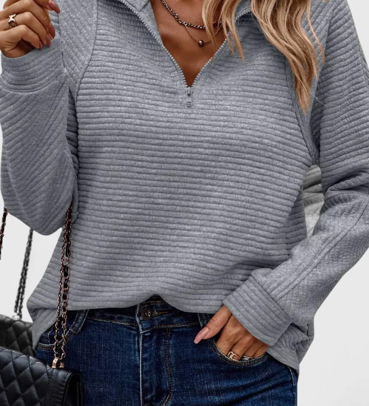 Helene Jersey de Cuello en V con Cremallera y Manga Larga